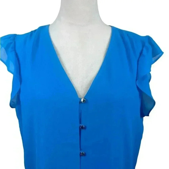 Calvin Klein blue flutter cap sleeve top with gold buttons size medium - Picture 3 of 10